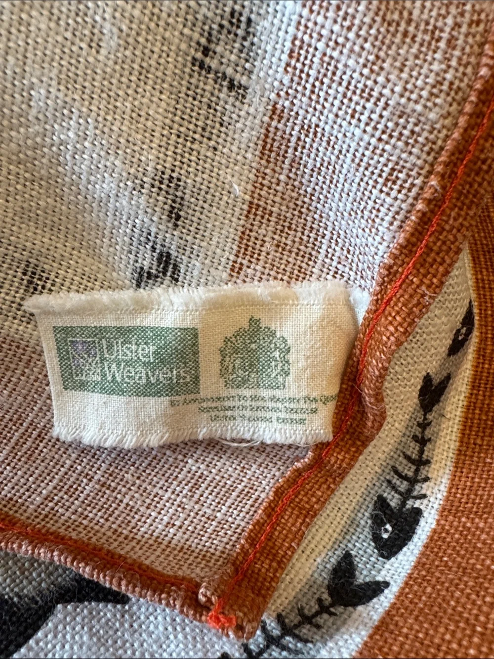 “Cat in Waiting” Irish Linen Tea Towel - Orange Border. 18” x 27”. VGUC